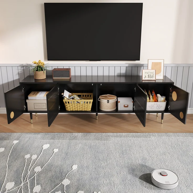 TV-Schrank aus MDF mit 4 Türen & Kabelmanagement, 170x36x54 cm, Schwarz – Bild 3