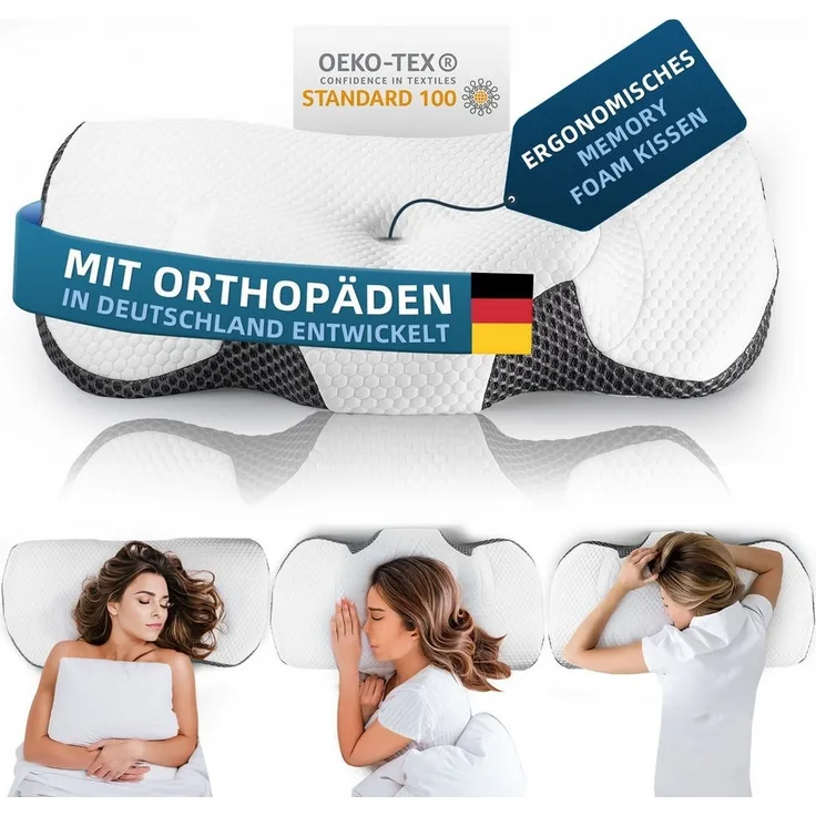 Esun Kopfkissen Orthopädisches Kissen, Kopfkissen Nackenschmerzen aus Memory Foam, Füllung: Rückstellschaum, Seitenschlafer, Rückenschlafer, Bauchschlafer, Kissen vom OEKO-TEX® und CertiPUR Getestet, Kopfkissen für Seiten Rücken Bauchschläfer (65.8 x 3...