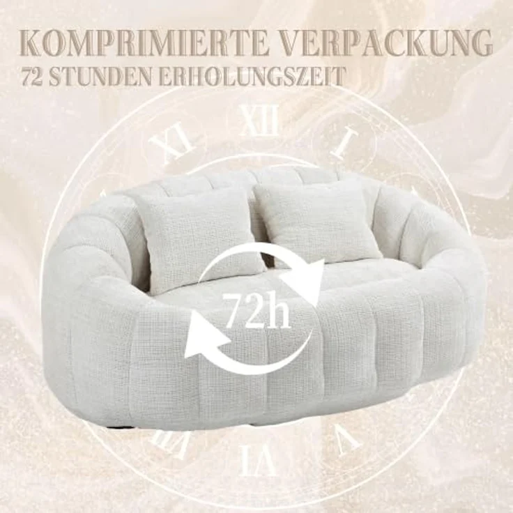 FurnitureR Sofa Set mit Beistelltisch und Aufbewahrungskorb, 2-Sitzer Sofa 145 cm aus Bouclé Stoff mit Rundem Couchtisch 45 cm, Wohnzimmer Möbel Set Modern, Cremeweiß – Bild 5