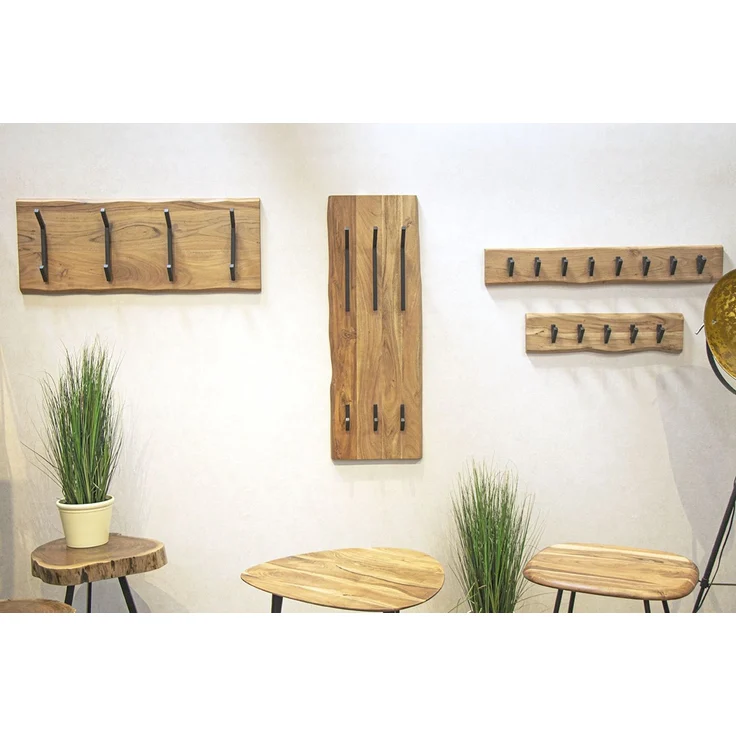 Haku Wandgarderobe aus Akazie Massivholz mit 8 Metallhaken schwarz pulverbeschichtet, Baumkante, 36x12x100 cm – Bild 9