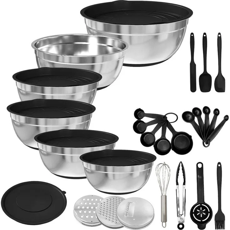 PFCTART Rührschüssel Rührschüssel Set Edelstahl mit Deckel, 6-teilig, Salatschüsseln, 4-Lagen-Latexkern, platzsparend, knickfrei auslaufsicher, (Set, 32-tlg), Mit 3 Reibeaufsätzen, luftdichten Deckeln & Küchenzubehör
