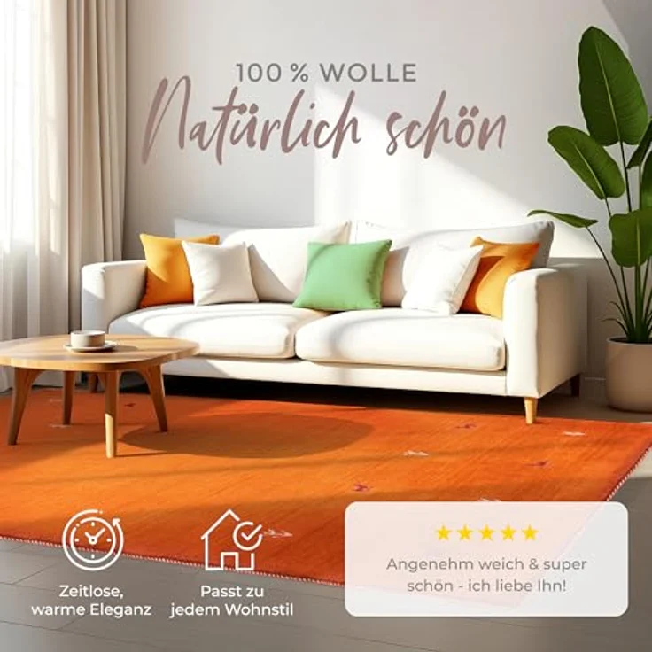 carpetfine 'Gabbeh Uni' Wollteppich, reine Wolle, Orange, 80 x 150 cm – Bild 4