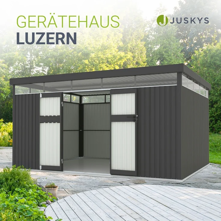 Juskys Gerätehaus Luzern 12 m² - Metall Geräteschuppen mit Türen & Fenstern - wetterfest & abschließbar - Fahrradgarage, Gartenhaus - Anthrazit – Bild 2