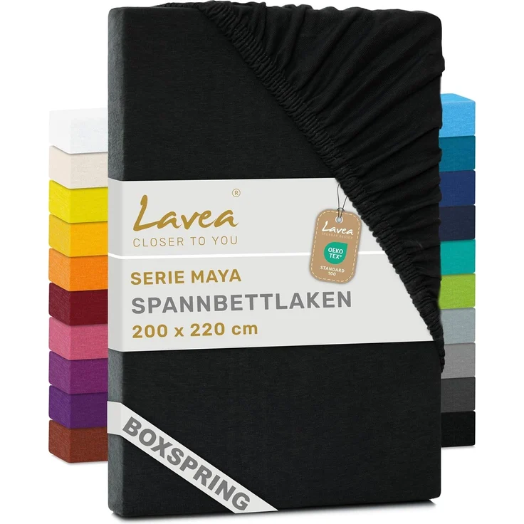 Jersey Spannbettlaken, Spannbetttuch, Lavea Serie Maya, 200x220 cm für Boxspring- und Wasserbetten, Schwarz, 100% Baumwolle, hochwertige Verarbeitung, mit Gummizug