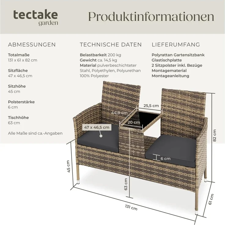 tectake Rattanstuhl Rattan Gartensitzbank (2er Set, 1 St), 2-Sitzer – Bild 6