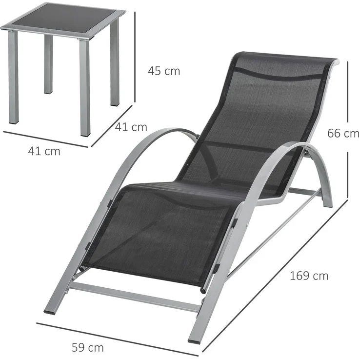 JARDJ Gartenliege Set Metall Mesh 3-TLG Sonnenliege mit Teetisch Gartengarnitur mit 2 Sonnenliegen, 1 Beistelltisch Gartensitzgruppe für Garten, Balkon 59B x 169T x 66H cm Schwarz+Silber – Bild 5