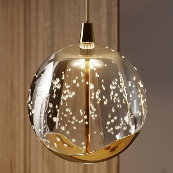 Lucande LED-Pendellampe Hayley, 96 cm, 5-flg., gold mit Glaskugeln und Blasenstruktur – Bild 9