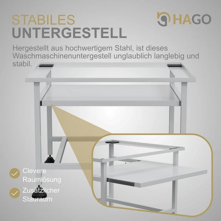 HAGO Waschmaschinenuntergestell Weiß 62x53,5x45cm Podest Auszug Stahl Ausziehbar Ablage Beladungshilfe, Erhöhung, Gummifüße, Auszug, Ablage, Rutschfest, Vibrationshemmend – Bild 2