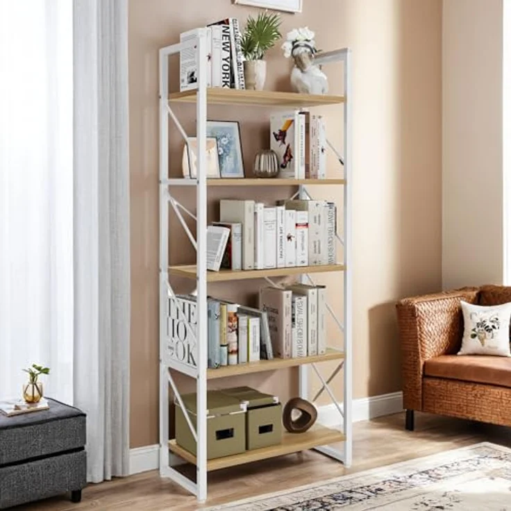 YITAHOME Bücherregal, Standregal mit 5 Ebenen, Hohes Lagerregal mit Metallrahmen, Industrielles Ausstellungsregal, Regaleinheiten, für Wohnzimmer, Schlafzimmer, Homeoffice, Küche, Weiß und Eiche Regal – Bild 4