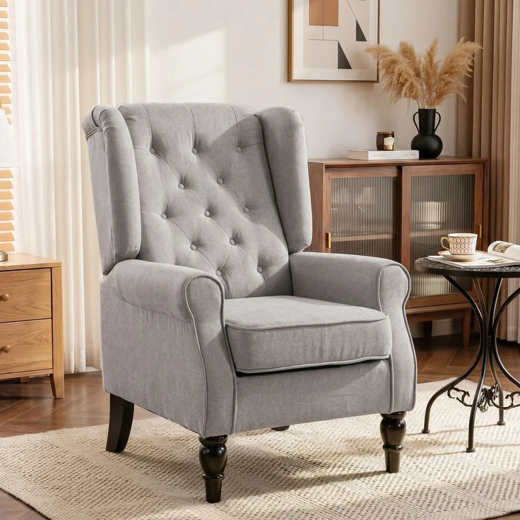 Wohnora-Gepolsterter Loungesessel mit breiter Sitzfläche, Holzbeinen, klassischem Stil, sehr bequem, 74 x 86 x 102 cm, grau,H 102cm x T 74cm x B 86cm – Bild 5