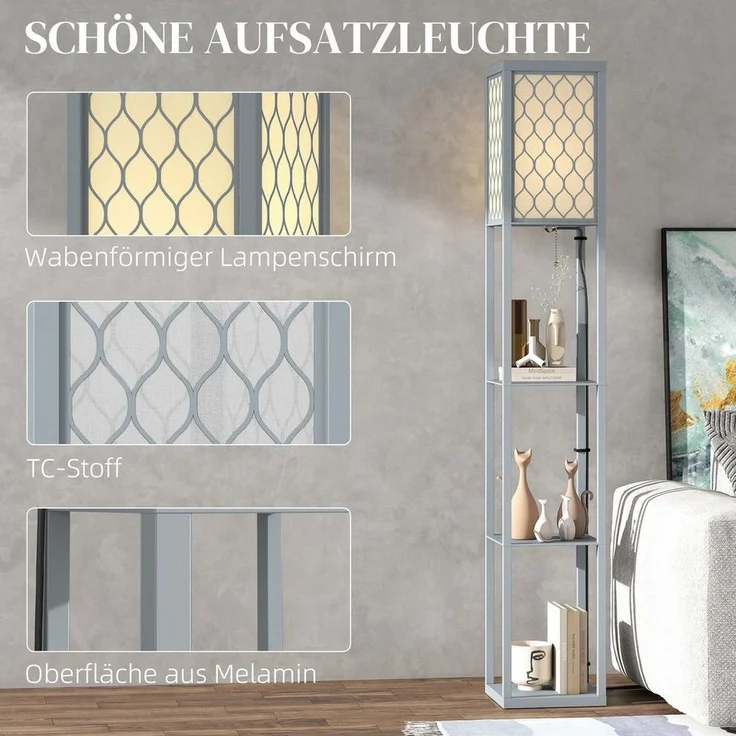 HOMCOM Stehlampe mit Regale, ohne Leuchtmittel, 3 Fächer Stauraum, Hellgrau+Weiß – Bild 3