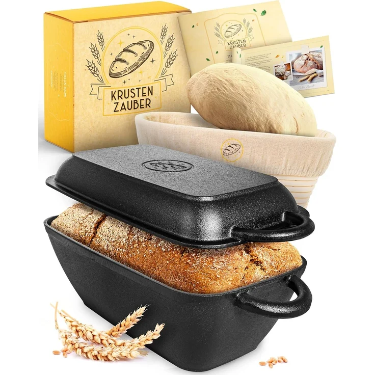 Krustenzauber Brotbackform 30cm Gusseisen Bräter mit Deckel backofengeeignet inkl. Gärkorb, (eckiger Topf Brot Backen - Ideal als Ofenform), Induktion, Brotbacktopf, Zubehör