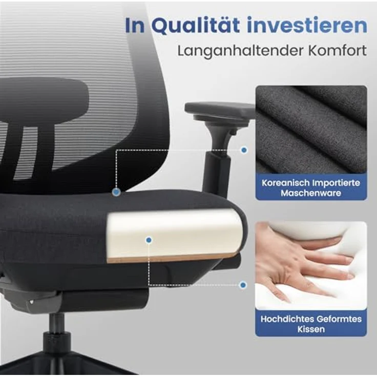 COLAMY XK01 Atlas Ergonomischer Bürostuhl, Netz-Chefsessel mit verstellbarem Kopfstütze, Computer Schreibtischstuhl Drehstuhl mit 4D-Armlehnen, Nylonbasis/Schiebesitz/Neigungssperre, Schwarz – Bild 7