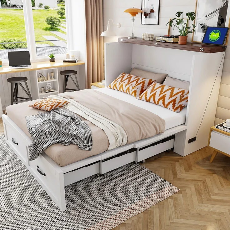 EINHOM Klappbett 140 x 200 cm, Ausziehbares Bettgestell mit Stauraum, Steckdose nach europäischem Standard, Metallrahmen, geräuscharme Rollen, Weiß (Ohne Matratze) – Bild 1
