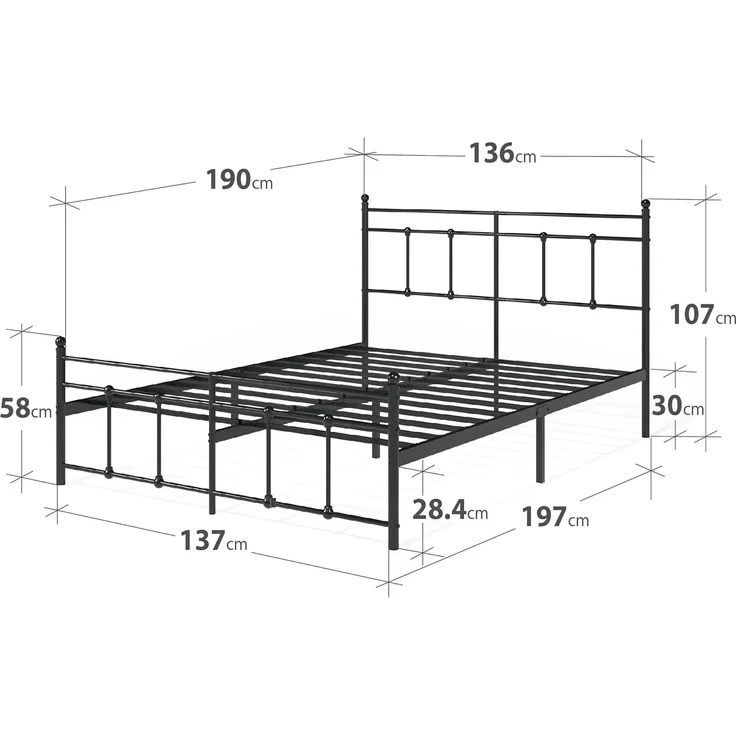 Zinus Nicholas Bettgestell mit Metallplattform 30 cm mit Kopfteil und Fußteil aus Spindel, Stahlleistenhalter, einfache Montage, 135 x 190 cm, Schwarz – Bild 2