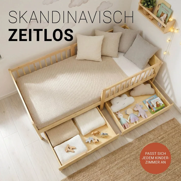 Kinderbett 90x200 cm mit Matratze 2 Bettkästen Rausfallschutz Holzbett Natur Einzelbett Gitterbett Holzbettrahmen – Bild 7