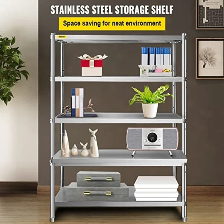VEVOR Edelstahl-Regal, 122x47 cm, 5 Etagen, verstellbares Regal, Aufbewahrungseinheit, Edelstahl, Schwerlastregal für Küche, Gewerbe, Büro, Garage, Lagerung, 150 kg pro Regal – Bild 2