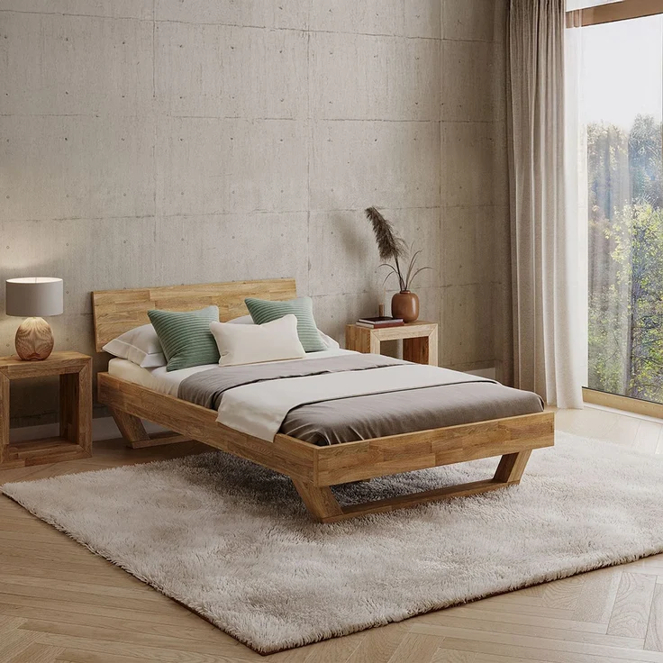 skølm 'Nornir' Bett 120x200 cm, Bettgestell, natur geölt, Massivholzbett aus Eiche mit Holzkufen, Doppelbett mit durchgehendem Bettkopf – Bild 1