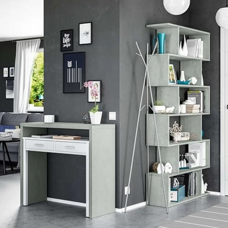 Ausziehbarer Konsolenschreibtisch mit zwei Schubladen, Betonfarbe und Deckweiß, Maße 98 x 87 x 36 cm (ausziehbar bis 66 cm) – Bild 2
