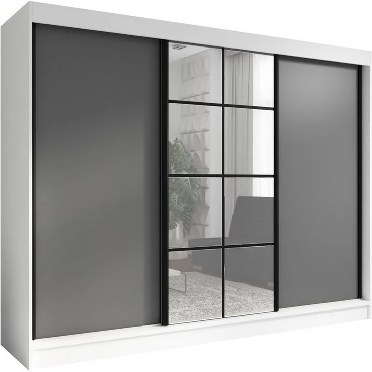 A&J MöbelLand GmbH Schwebetürenschrank ORAVELLE 3-türiger Kleiderschrank mit Spiegel, 4 Schubladen (Kostenlose Lieferung – nur für kurze Zeit! TOP ANGEBOT! Geräumiger Schrank mit einer Breite von 200 cm und Spiegel, ideal zur Aufbewahrung von Kleidung ... – Bild 1