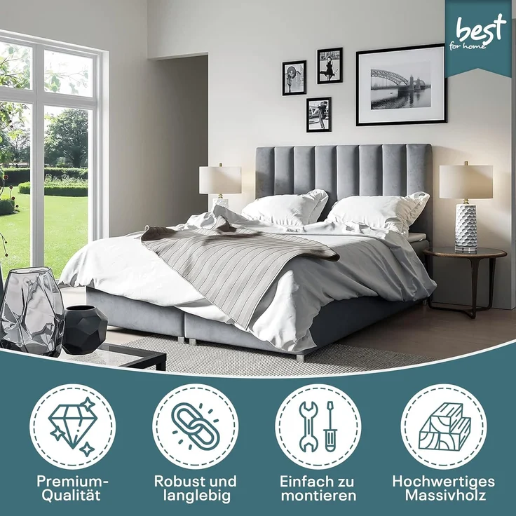 Best for Home Boxspringbett mit Bettkasten Trinity K-10 Bonellfederkern inkl. 7 cm Topper (Bonell-Matratze, gepolstertes Kopfteil, Doppelbett versch. Größen, 140x200 160x200 180x200 200x200 cm), Handwerksqualität, TOP Preis-Leistungs-Verhältnis – Bild 2