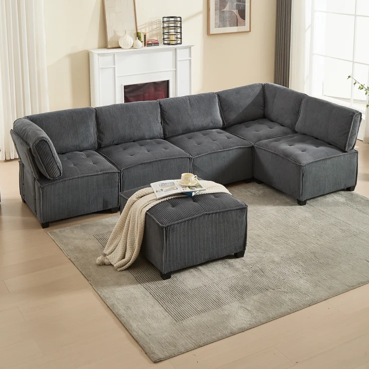 LVHOM Modulares Sofa U Form 308 x 82 x 154 cm, 6-Sitzer mit Schlaffunktion, Modular Cord Ecksofa, umwandelbares Schaumstoffsofa, Sofagarnitur, Schwarz – Bild 10