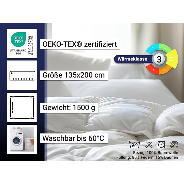 ZOLLNER Daunenbettdecke, Bezug: 100% Baumwolle, 135x200 cm, 85% Federn, 15% Daune, vom Hotelwäschespezialisten – Bild 3