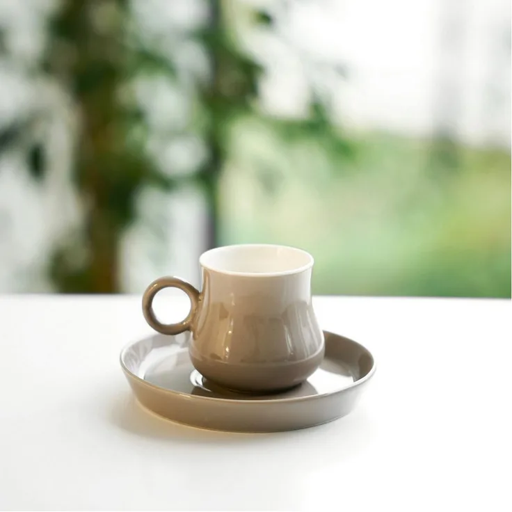 Mulex Kaffeeservice 12-tlg Mokkatassen Set, hochwertiges Porzellan, 100 ml, Taupe, für 6 Personen, spülmaschinengeeignet