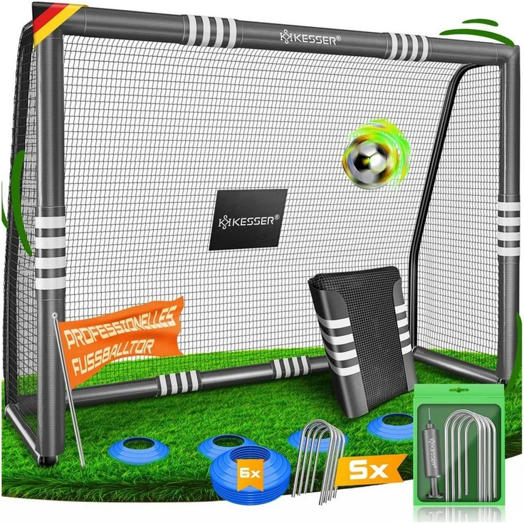 KESSER® Fußballtor für Garten robustes Outdoor Training Schusstraining UV-beständigem Netz, Stahlrahmen mit Polsterung, Erdhaken, Luftpumpe, Hüttchen, Montagezubehör für Kinder und Erwachsene Anthrazit, 300cm, Ohne Torwand – Bild 1
