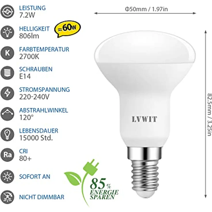 LVWIT E14 LED Lampe Warmweiß 7.2W, 806 lm Reflektorlampe 2700K, E14 LED Reflektor R50 Strahler ersetzt 60W Glühbrine, 6er Pack – Bild 3