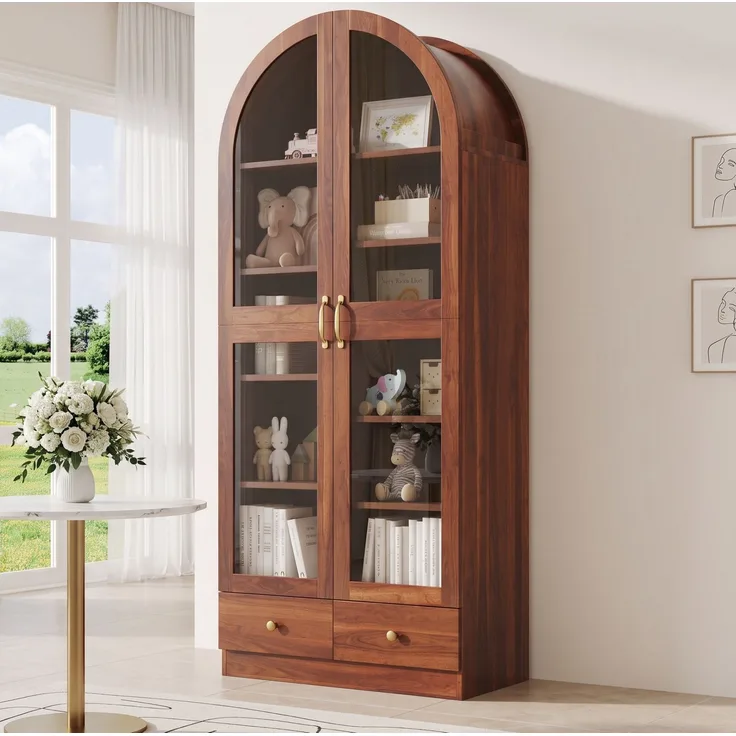 Vitrine aus MDF und Glas mit Bogenprofil und 2 Schubladen, 76x40x180 cm, Nussbaum-Optik