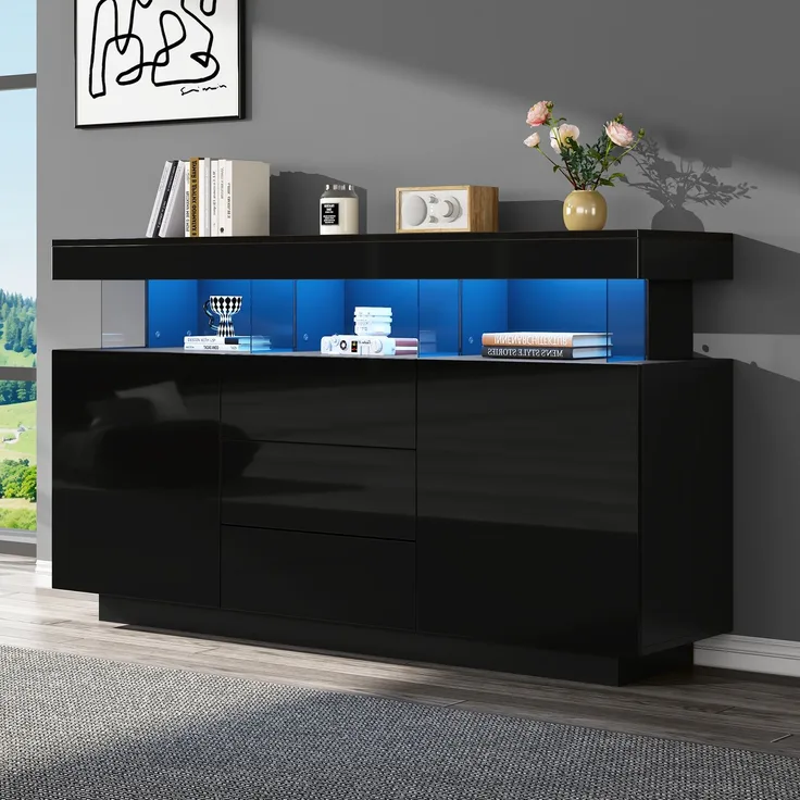 ZUBALIYA Sideboard 140x35x80 cm, mit LED-Beleuchtung, Hochglanz, aus Spanplatte, Schwarz