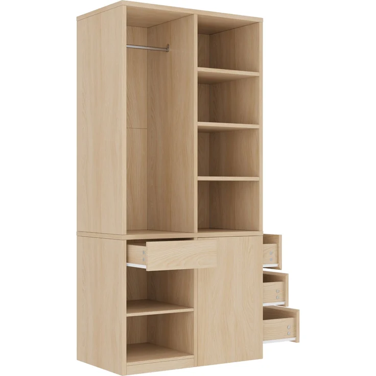 Kleiderschrank 70 x 50 x 170 cm in Weiß und Holzfarbe mit Kleiderstange, offenen Fächern und Schubladen – Bild 6