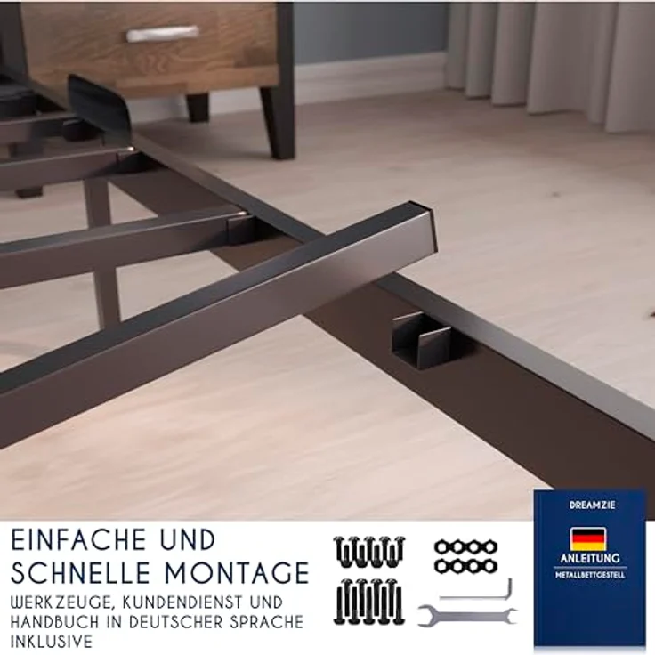 Dreamzie Metallbett 90 x 190 x 36 cm - Bettgestell aus Metall 90x190 cm Bett für Matratze Einzel - Robust, Leichte Montage, Umfangreicher Stauraum - Schwarzer Lattenrost – Bild 5