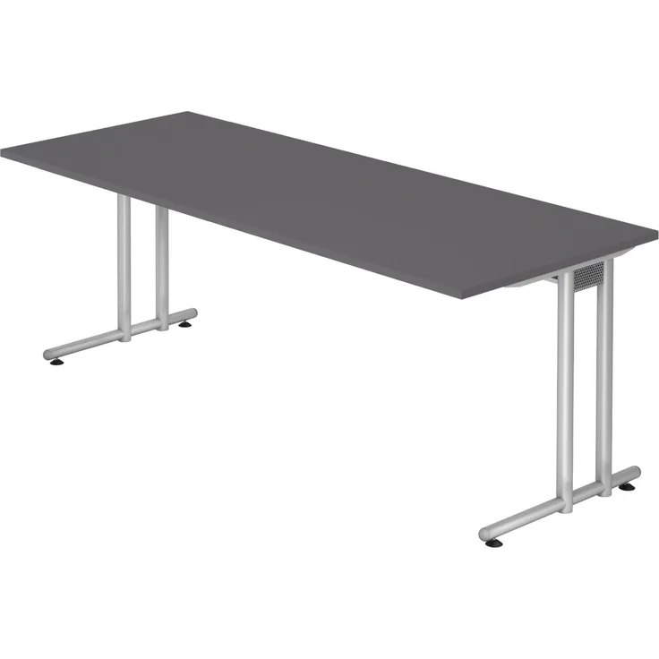 bümö Schreibtisch groß, N-Serie 200x80 cm, Tischplatte aus Holz in graphit, Gestell aus Metall in Silber - PC Tisch, großer Computertisch für's Büro, Office Bürotisch, NS-20-G-S