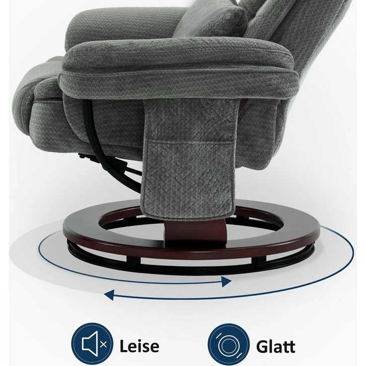 Relaxsessel mit Liegefunktion, 360°Drehbarer Fernsehsessel mit Hocker, bis 120 Kg Belastbarer TV-Sessel für Wohnzimmer, mit Kissen & Seitentasche, Lesesessel Bequem, 9099 (Grau-Stoff) – Bild 2