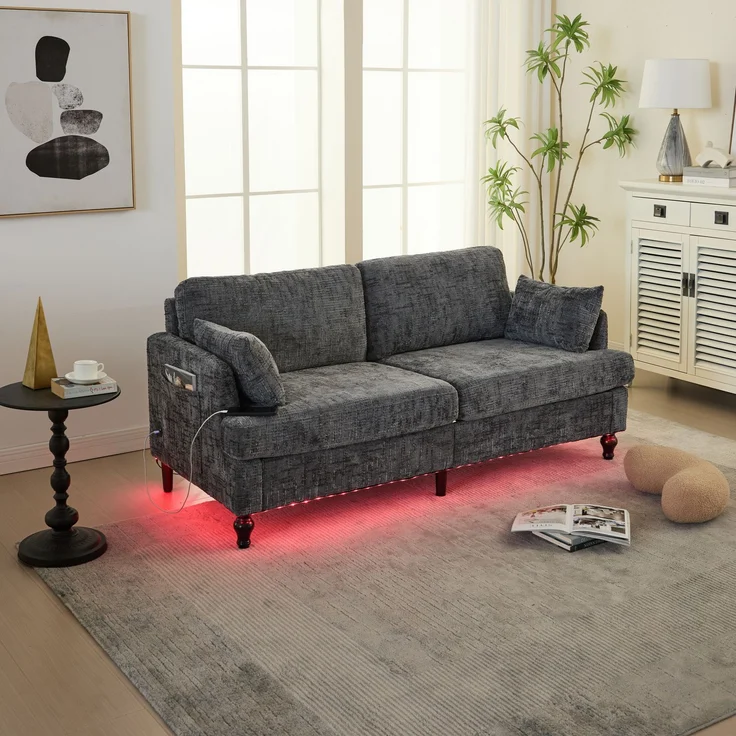 2-sitziges Chenille-Sofa mit USB-Ladeanschluss, LED-Licht und Aufbewahrungstasche in Grau – Bild 6