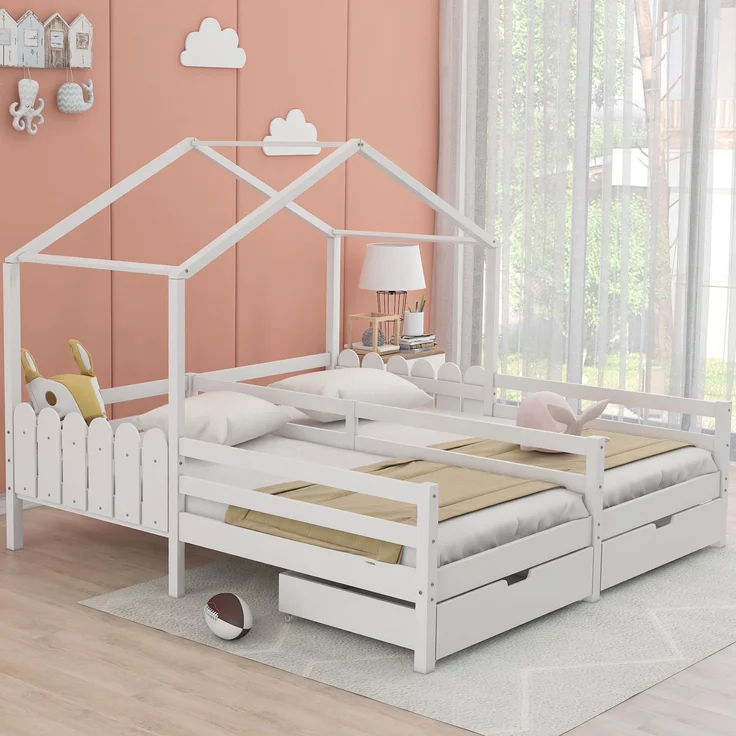 U-life Hausbett 90x200 cm, Doppelbett und Kinderbett, mit geteiltem Mittelzaun, 2 MDF-Schubladen und Sicherheitsgeländer, Kiefernholz, Weiß – Bild 3