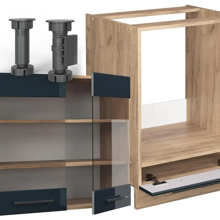 Eckküche Fame-Line Dunkelblau Hochglanz/Goldkraft Eiche 287 x 227 cm ohne Arbeitsplatte Vicco – Bild 6