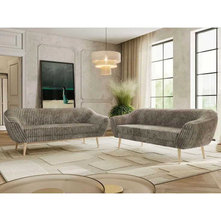 Wohnzimmerset Möbelset PIRS 3-3, Armlehnen, Wellenfederung, Buche Füße, Dreisitzer Sofa, Polstermöbel Set - Hellgrau Velvet