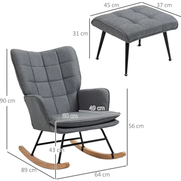 HOMCOM Schaukelsessel mit Hocker, Relaxsessel mit Leinenoptik (Armlehnsessel, 2-St, Schwingsessel), für Wohnzimmer, Schlafzimmer, Grau – Bild 4