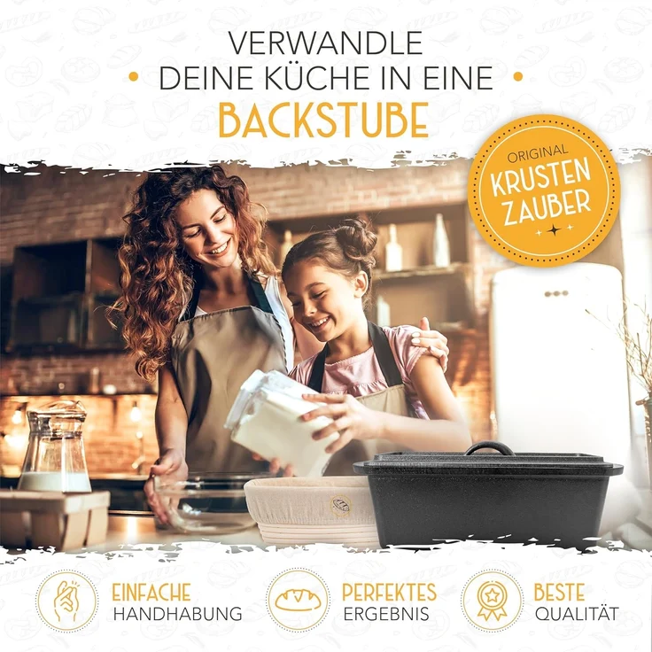 Krustenzauber Brotbackform mit Deckel inkl. Gärkorb - Robuste 28cm Backform aus Gusseisen, (Ideal als Kastenform, Toastbrot Backform), Brotform, Gusseisen Topf Brot backen Zubehör, Brottopf – Bild 2