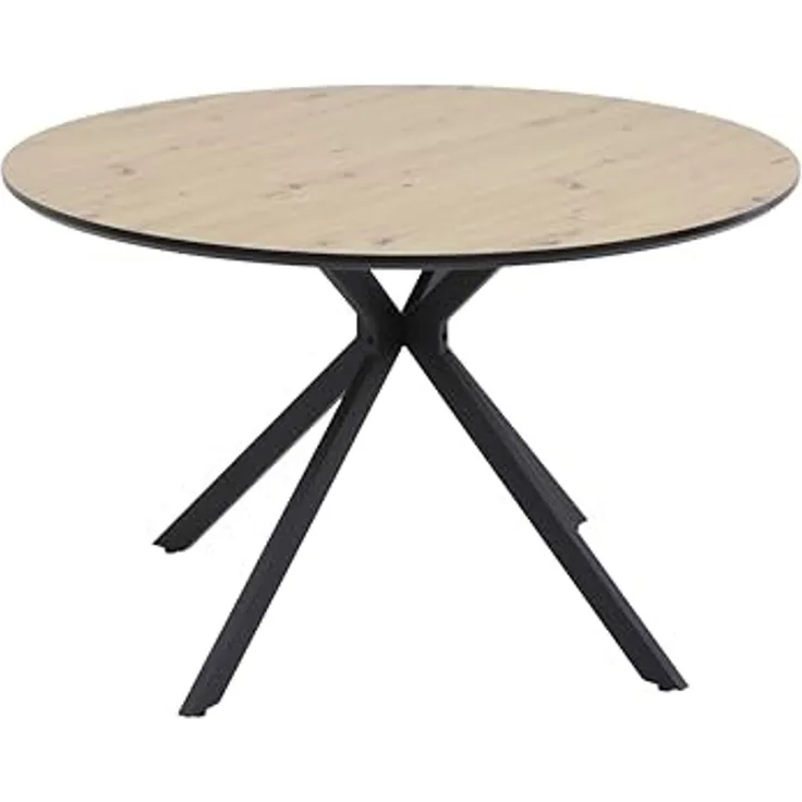 Hela Tische, Runder Esstisch Kindu, Dia 120 cm, Dekor Artisan Eiche, Schwarzes Metallgestell Vierkant, Platte mit Schweizer Kante, 76 cm Höhe