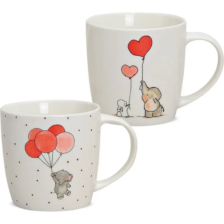matches21 HOME & HOBBY Tasse Süsse Kaffeetassen 2er Set Tiere Liebe Elefant Hase Herzen, Porzellan, Tee, Kaffee-Becher, klassisch, weiss rot bunt, 250 ml