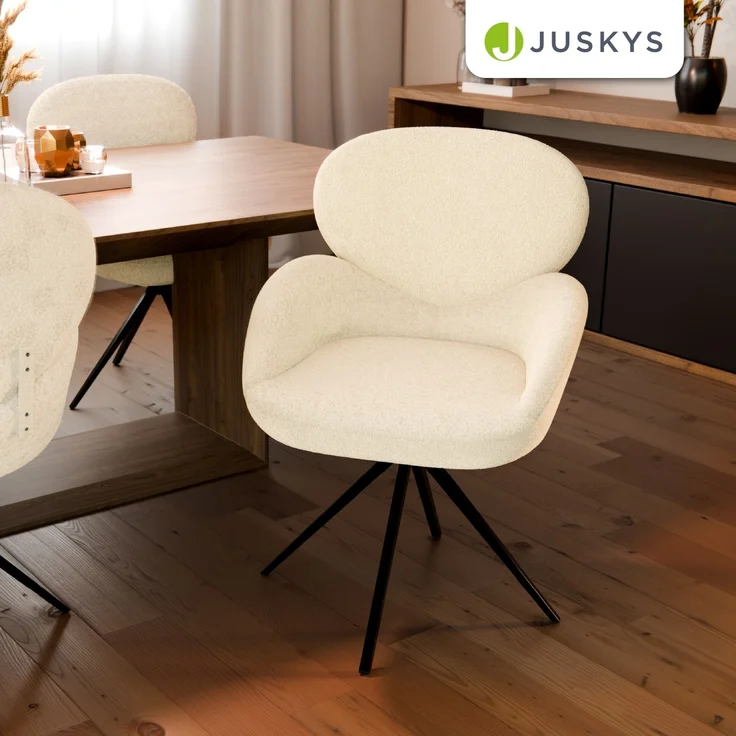 Juskys Drehstuhl Albano - Bouclé - 360° drehbar & gepolstert, pflegeleichter Bezug, verstellbare Metallfüße, modern, für Esszimmer & Küche - Creme 2er Set – Bild 7