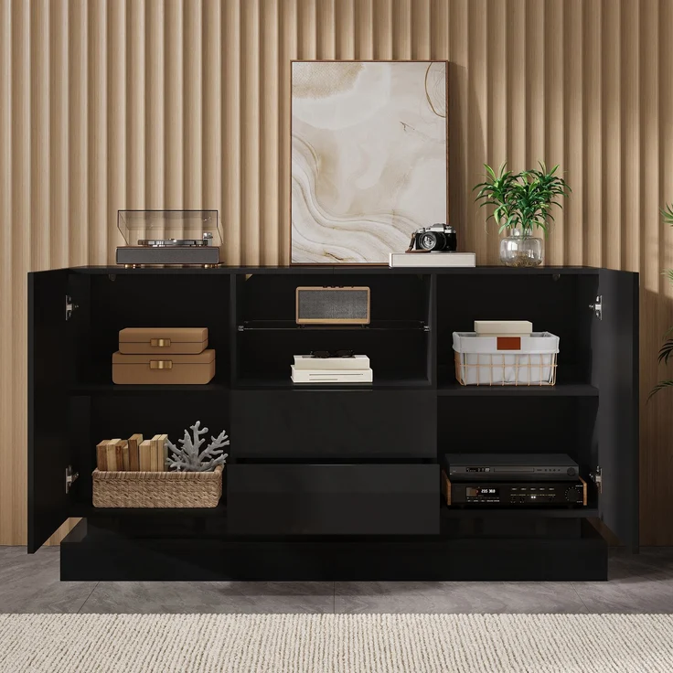 ZUBALIYA Sideboard 140x40x80 cm, mit LED-Beleuchtung, Hochglanz, mit 2 Türen, aus Spanplatte, Schwarz – Bild 3