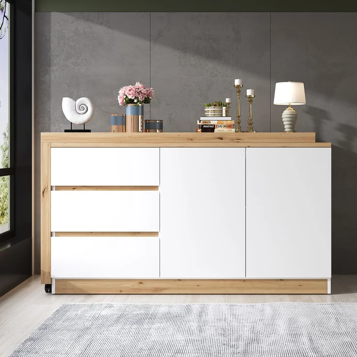 ZUBALIYA Schreibtisch mit feststellbaren Rollen – multifunktionales Design, 4 cm dickere, drehbare Tischplatte, fest arretierbar, weiß/Eiche, Faltbarer Schreibtisch, Eckschreibtisch, Sideboard,Dicke Materialie – Bild 2