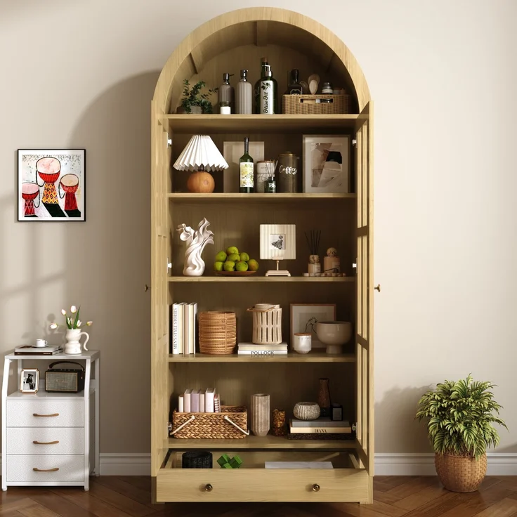Moderner bogenförmiger Standhochschrank mit mehreren Regalebenen & Schublade – Multifunktionale Vitrine & Regalschrank mit höhenverstellbaren Einlegeböden für Wohnzimmer, Arbeitszimmer und Esszimmer--Natürlich--75x35x170.5cm--YOUDENOVA – Bild 5