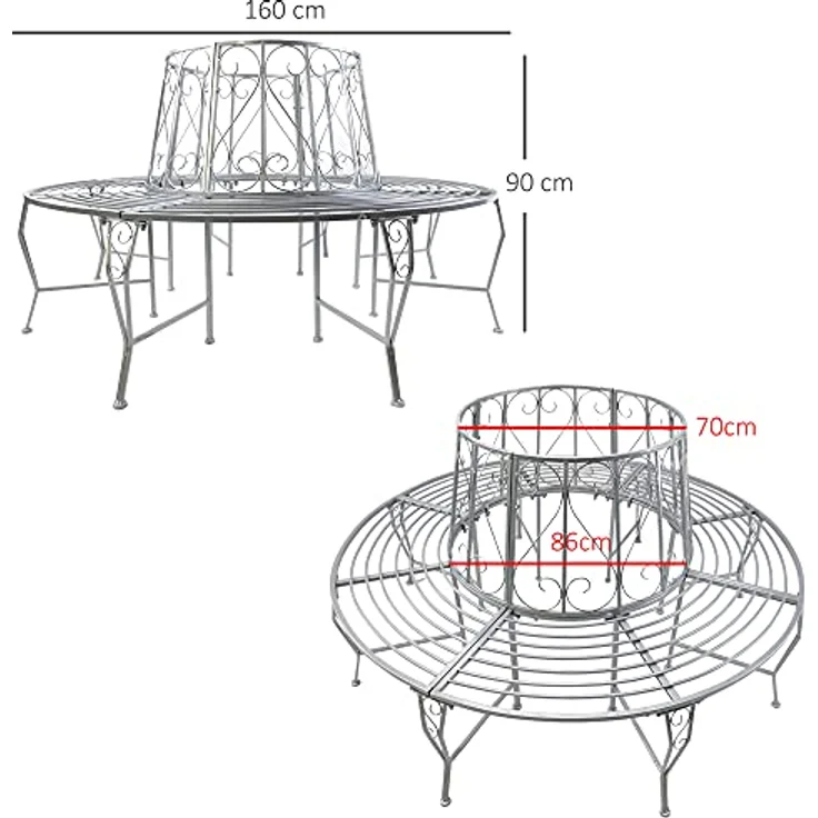 Outsunny Baumbank Rundbank 360° Gartenbank aus Metall, Ø160 cm, mit stabilen 4 Sitzplatten und 8 Stützbeinen, max. Belastbarkeit 450 kg – Bild 3