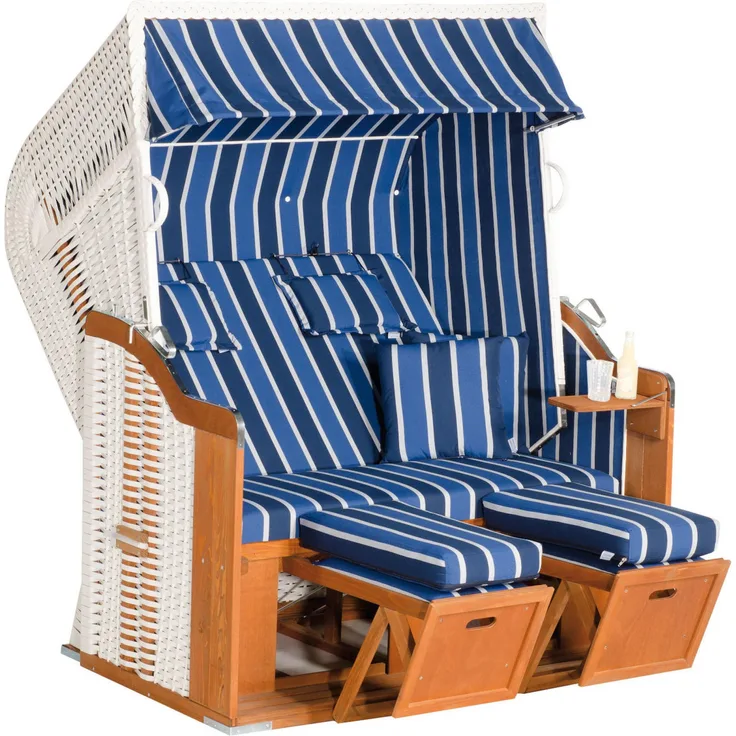 SunnySmart Garten-Strandkorb Rustikal 250 PLUS 2-Sitzer XL weiß/blau mit Kissen